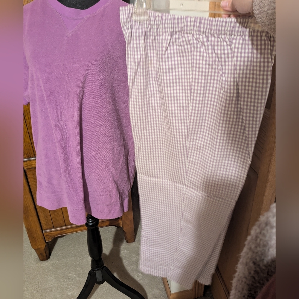Denim & Co Purple Terry Knit Top Sz 1x & Gingham Pants Sz L, NWOT!!! + Free Top